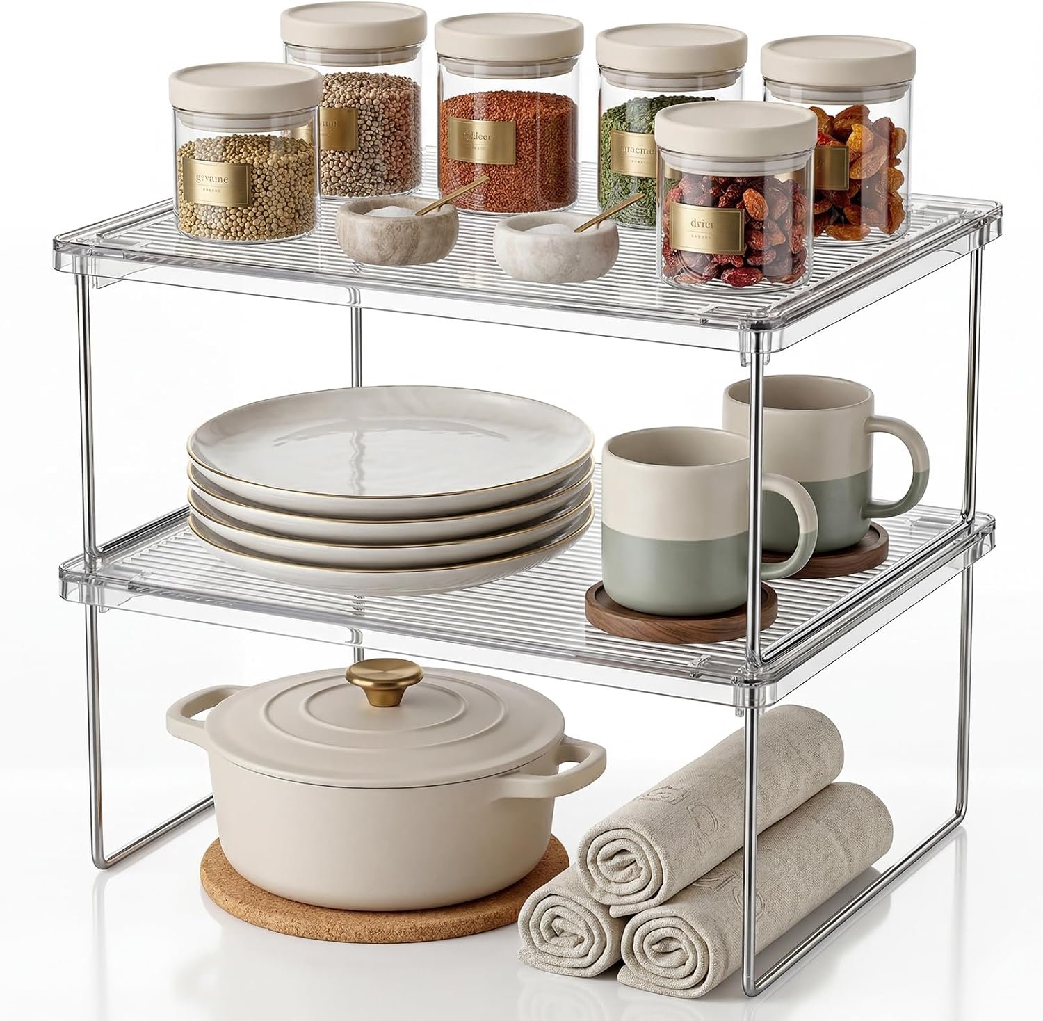 Kitchen Cabinet Organizer Shelf, 2-Pack Clear Stackable Shelf Risers | Shelf Risers for Kitchen Cabinets, Pantries, Cupboards, Spices, Dishes and Everyday Organization.