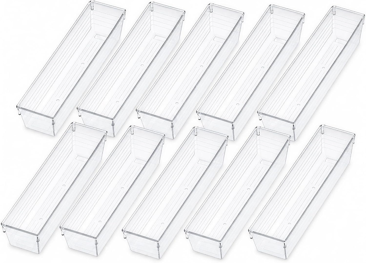 Kingrol 10 Pack Clear Narrow Tapered Drawer Organizer Trays, 12 x 3 x 2 in | Storage Bins for Kitchen, Bathroom, Vanity, Makeup, Craft and Office Drawers