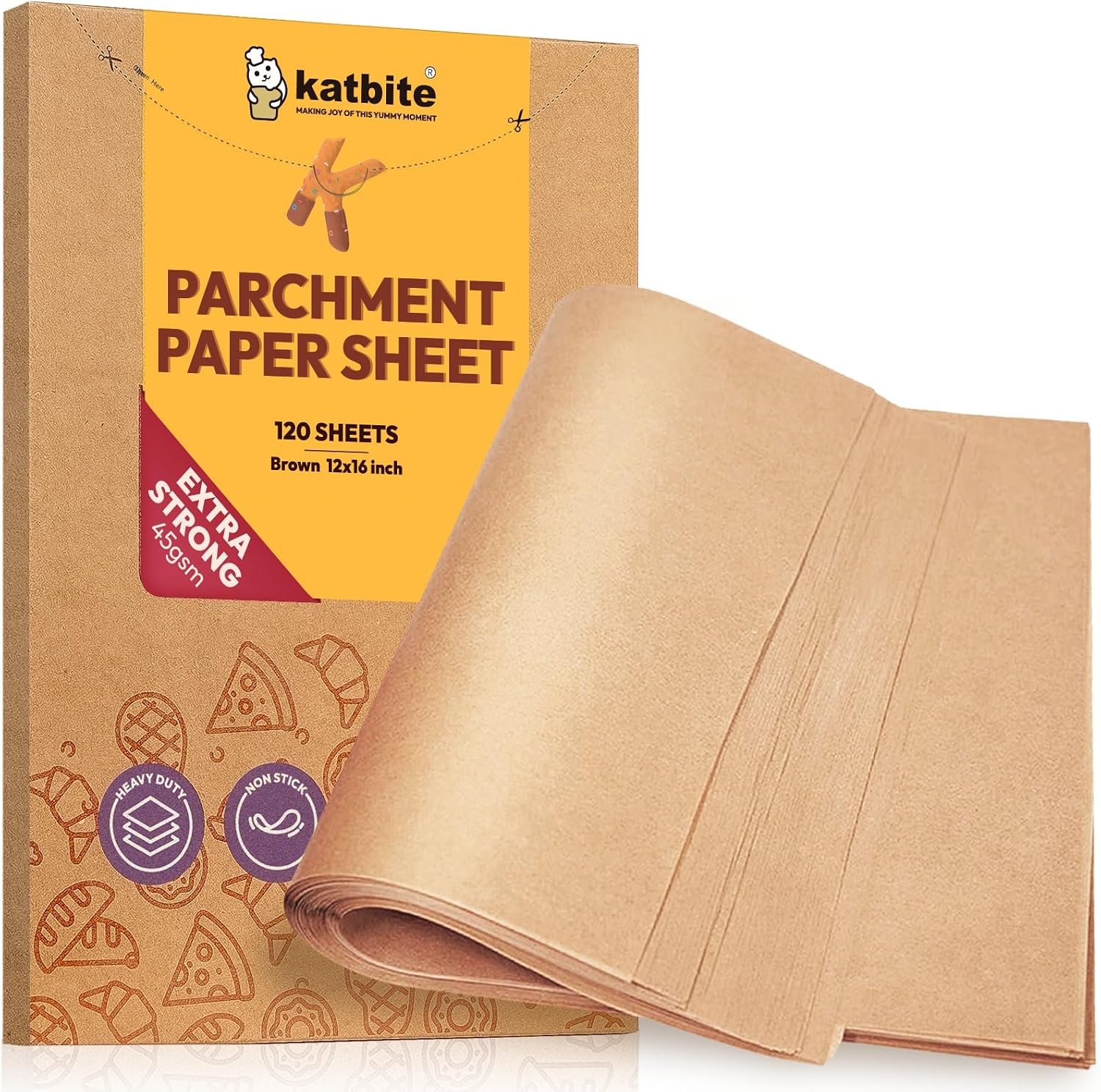 Katbite 120 Pcs Parchment Paper Baking Sheets, 12×16 Inch, Heavy Duty | Unbleached precut Non-Stick half sheet paper, ideal for baking, cooking, steaming and oven use