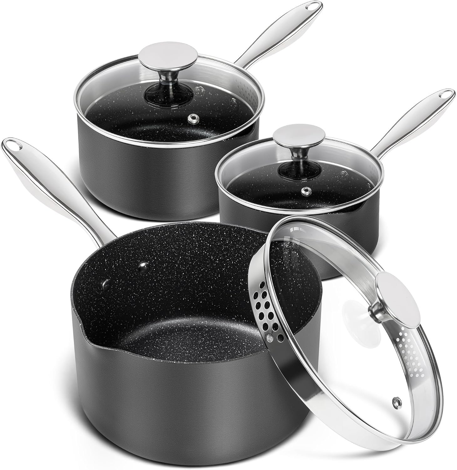 MICHELANGELO Hard Anodized Saucepan Set with Lids, Nonstick Saucepan with Pour Spouts & Strainer Lid for Easy Pour, Granite Derived Coating Sauce Pot Set – 1.5QT & 2QT &3QT Induction Sauce Pans
