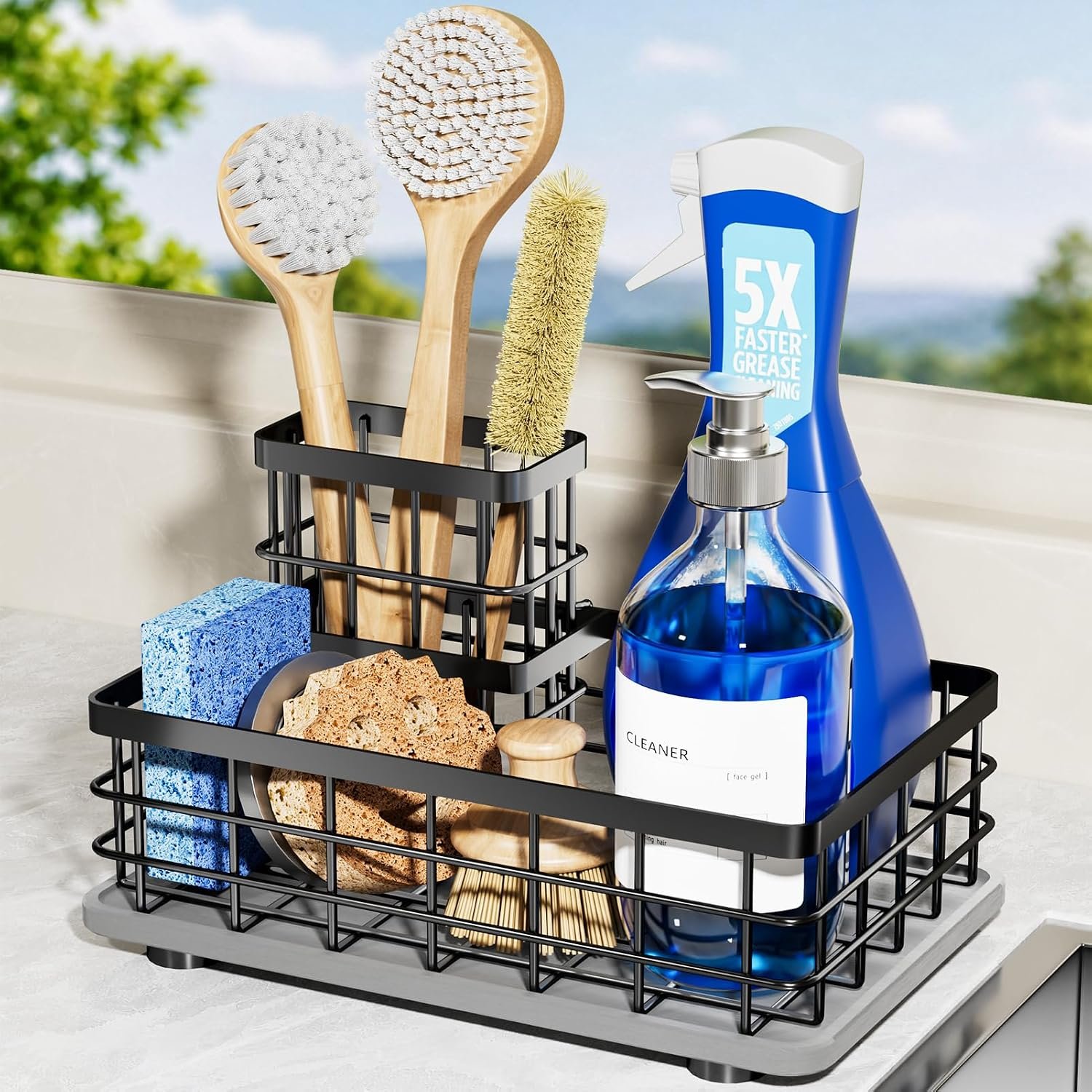 Kitchen Sink Caddy Organizer with Sponge & Brush Holder, Stone Drying Mat | Extra-Large Kitchen Countertop Organizer, Stainless Steel Kitchen Sink Accessories with Quick-Dry Soap Tray for Fewer Stains