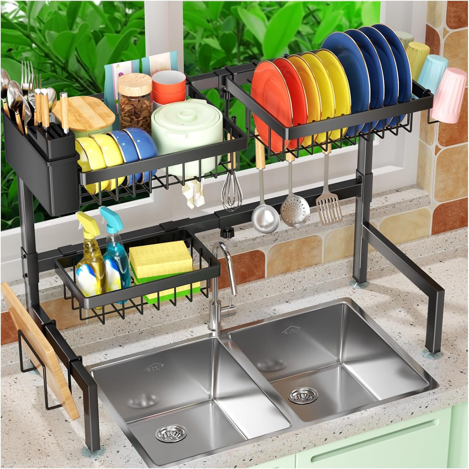 SNSLXH 2-Tier Over The Sink Dish Drying Rack, Kitchen Dish Drying Rack | Large Dish Drying Rack, Suitable for Most Sinks, Kitchen Drying Rack（26.57″-35″）