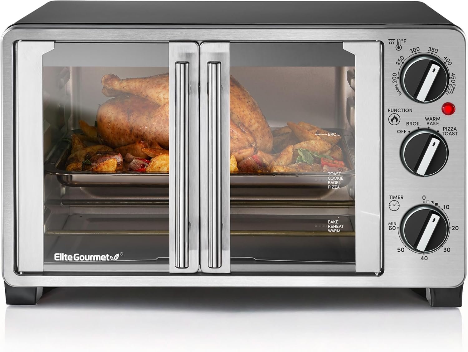 Elite Gourmet ETO2530M Double French Door Oven, 25L, 12″ Pizza, SS/Black | Bake, Broil, Toast & Keep Warm functions – great for entertaining – Countertop Design