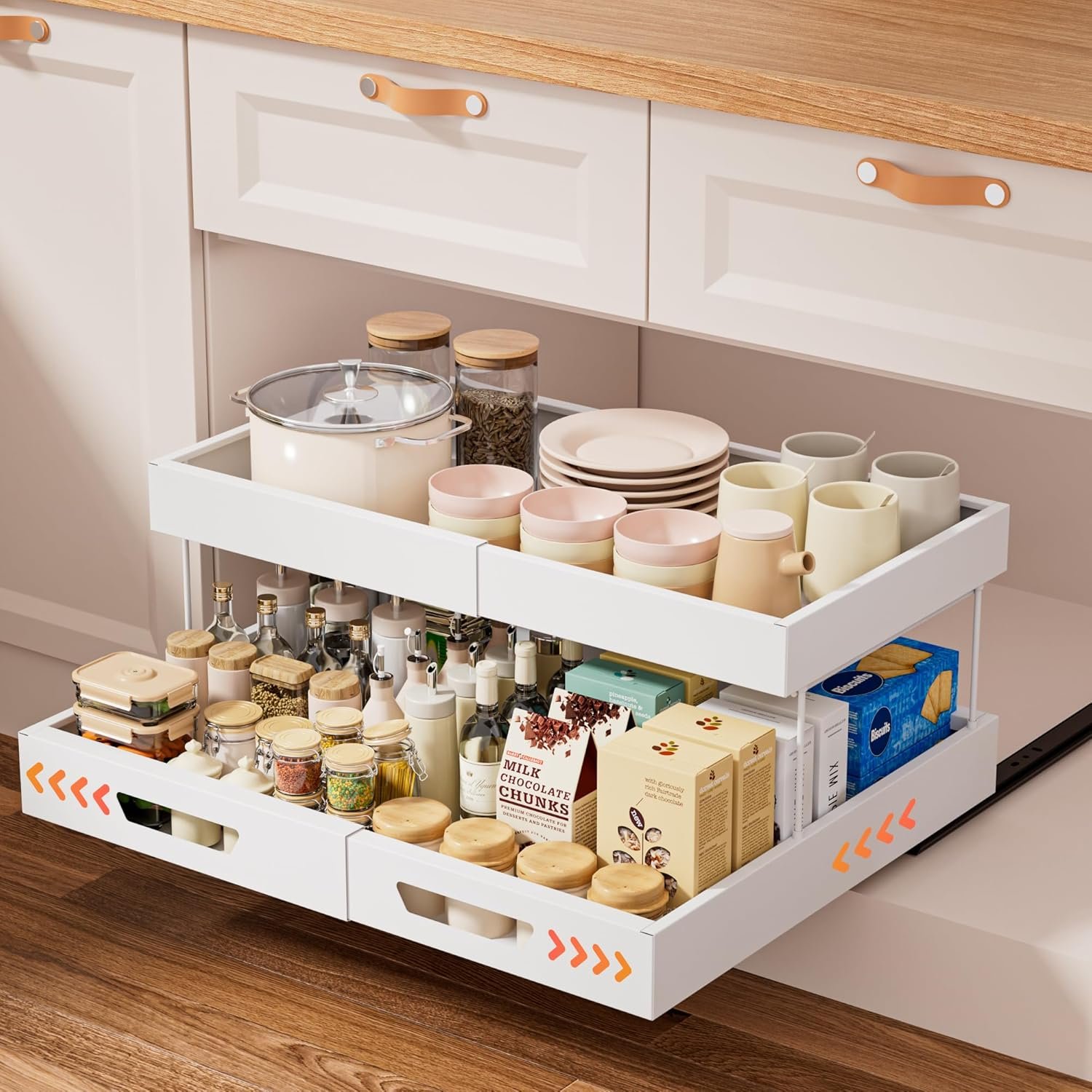 Nacial 2 Tier Pull Out Cabinet Organizer, Expandable(12.3″-20.7″ W) Slide Out Cabinet Drawer with Adhesive Nano Film, Adjustable Heavy Duty Roll Out Shelves for Kitchen Pantry Bathroom Storage, White