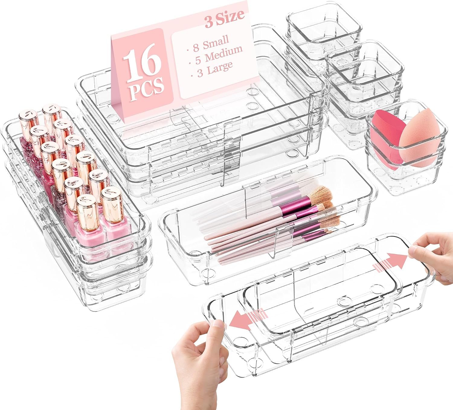 DILIBRA 16 Pcs Clear Extendable Drawer Organizer, Adjustable Drawer Storage | 3-Size Desk Drawer Organizer, Plastic Non-Slip Storage Bins for Makeup Cosmetic Jewelries Utensils Stationery Dressers Tool
