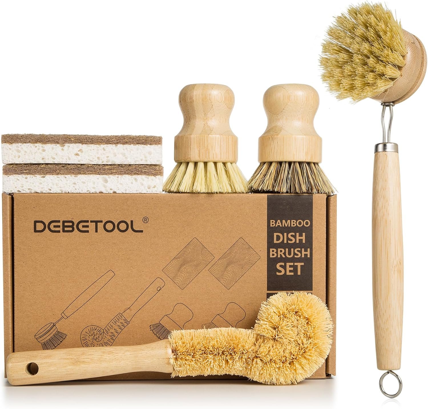 DEBETOOL 6-Piece Bamboo Dish Brush Set with Coconut Sponge | Wooden Dish Brush with Natural Sisal & Palm Fiber, Multi-Surface Kitchen Scrub Brushes for Dishes, Cookware, Bottles& Produce