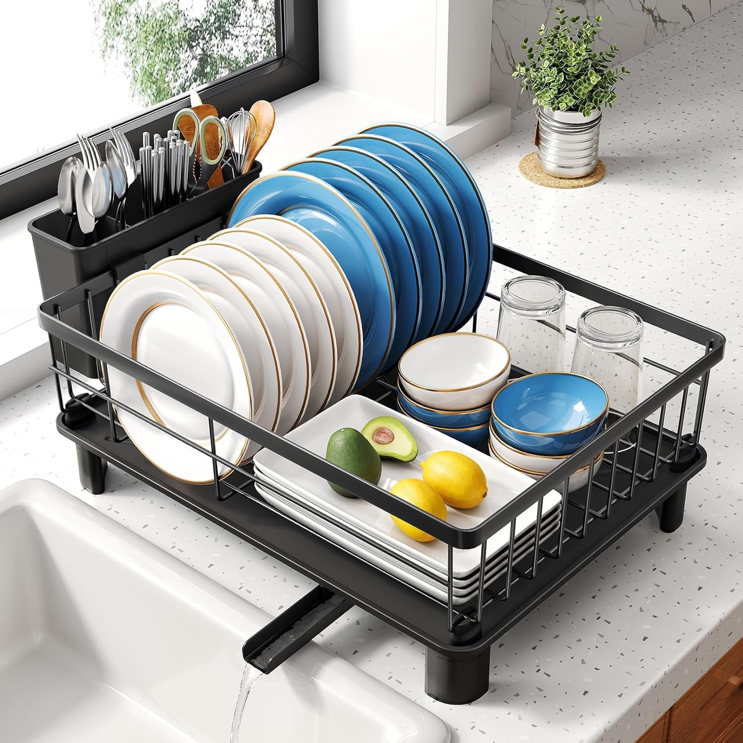 SNTD Dish Drying Rack for Small Kitchen Counter, 11″ W x 15″ L, Black | Space Saving, Rotating Spout & Angled Drainboard for Quick Drainage, Stainless Steel, Removable Utensil Holder