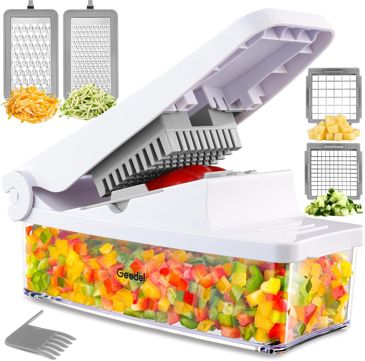 Geedel Vegetable Chopper with Container, 4 in 1 Food Chopper Veggie Slicer | Onion Chopper, 420 Stainless Steel, Safety Lock, Dishwasher Safe, No BPA, Cleaning Brush Included, for Vegetables, Cheese