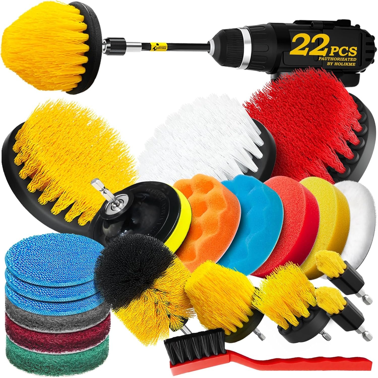 Holikme 22Pack Drill Brush Attachments Set,Scrub Pads & Sponge, Buffing Pads,Power Scrubber Brush,Car Polishing Pad Kit,Wax Applicator Pad,Car Cleaning Kit,Masonry Brushes,Cleaning Supplies | Buffing Sponges, Nylon Grout Tools, Microfiber Wax Pads, Tile Bathtub Shower Floors Kitchen Car Interior Detailing, Yellow