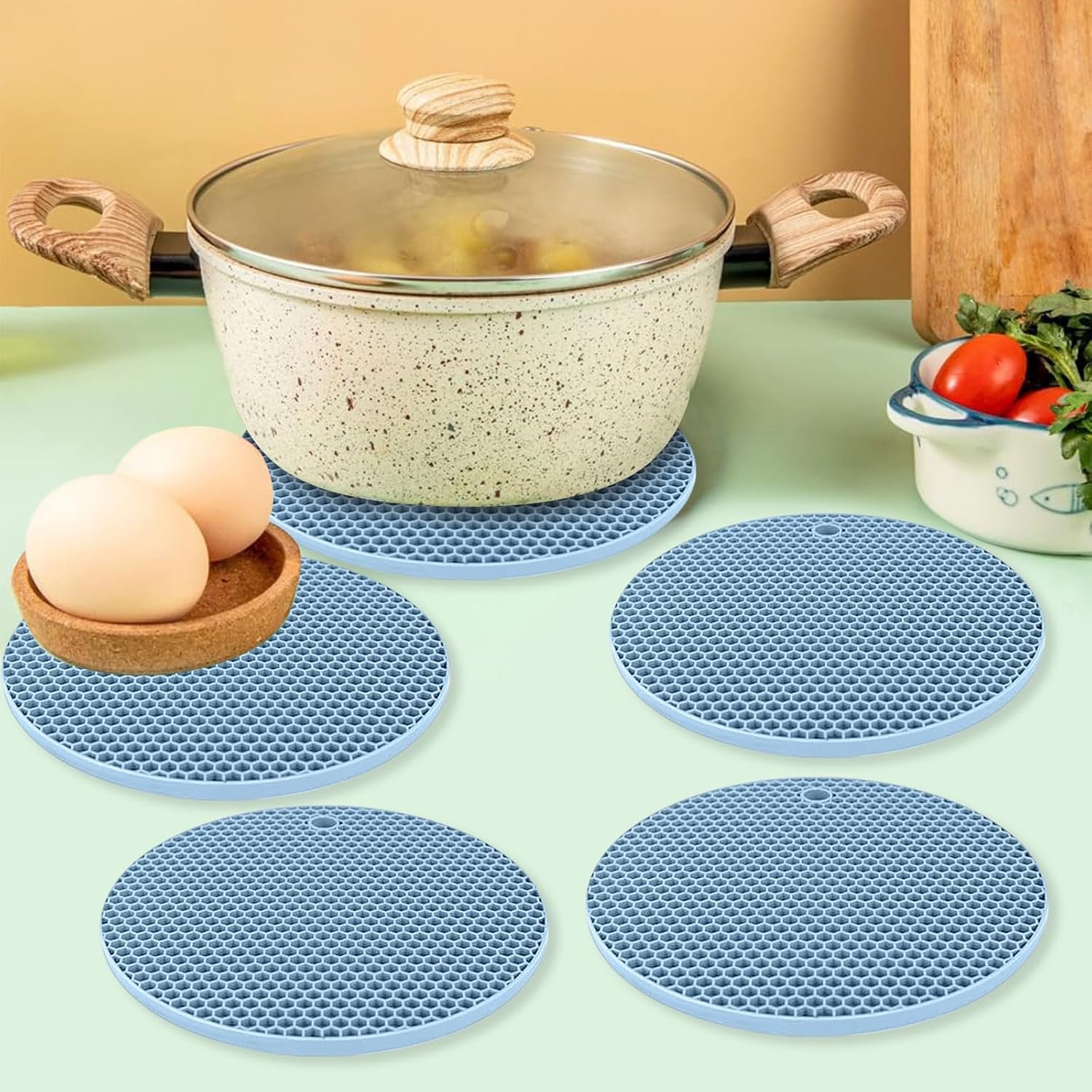 5 PCS Silicone Microwave Mat- Round 6″x 6″ Heat Resistant Multifunctional Mat, Splatter Guard, Trivet Hot Pad, Pot Holder