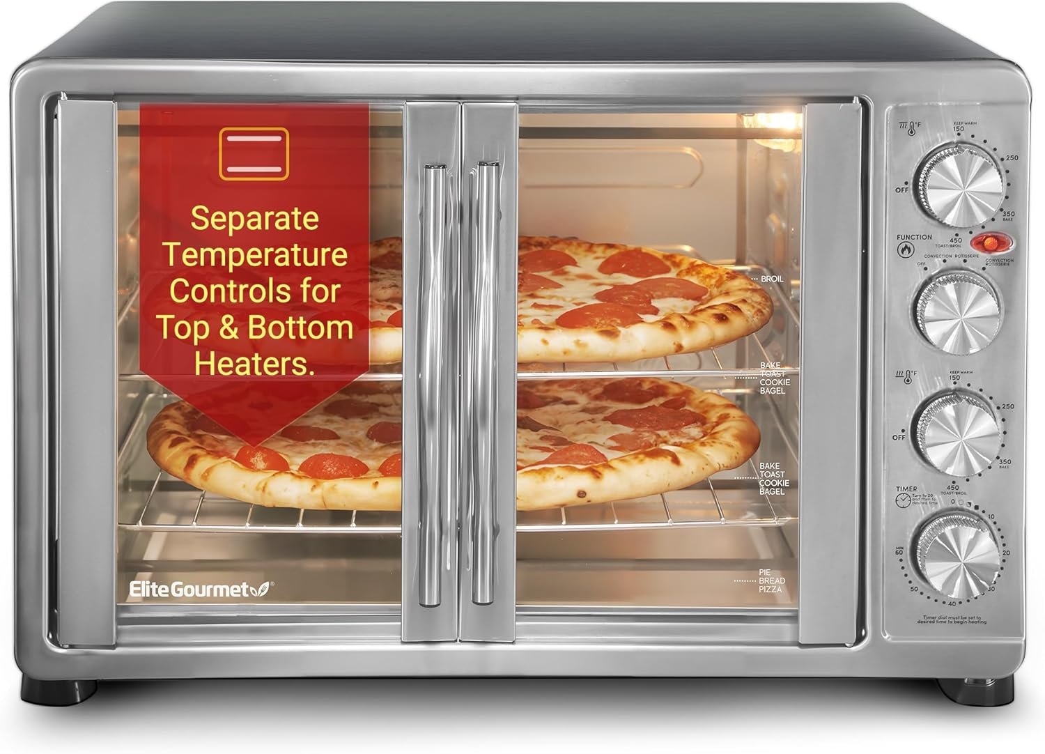 Elite Gourmet ETO4510B# French Door Convection Oven 47.5Qt, Stainless Steel | 18-Slice capacity, 4-Control Knobs for Bake/Broil/Toast/Rotisserie/Keep Warm, includes 2 x 12″ Pizza Racks