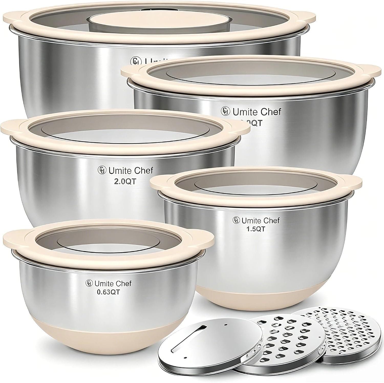 Mixing Bowles Set with Lids Set – Warp-Proof TPR-AS Lids, Stainless Steel Mixing Bowl with 3 Graters & Measuring Lines, Non-Slip Bowls for Baking, Prep, Airtight Food Storage (Khaki 5/3/2/1.5/0.63QT)