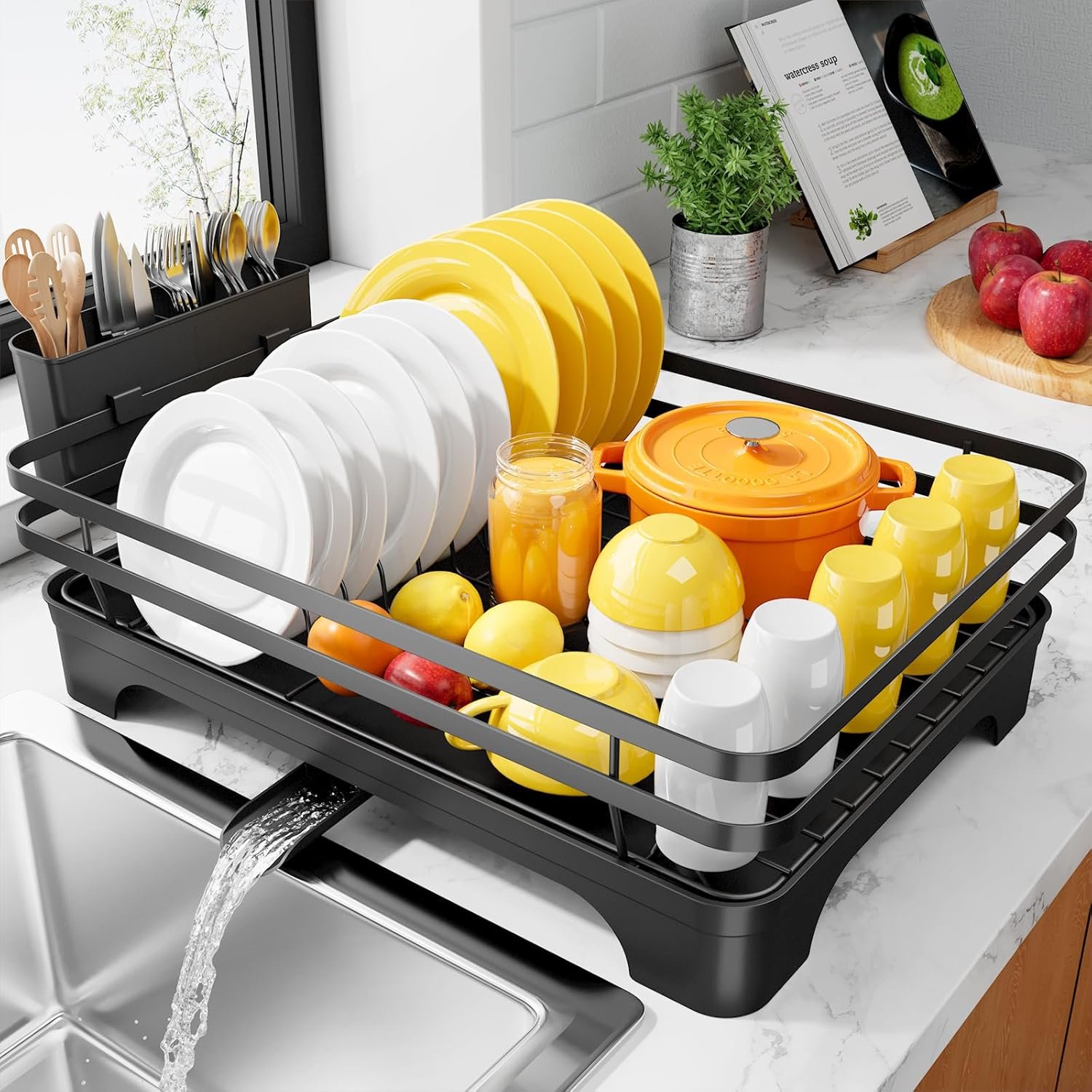 Kitsure Multi-Functional Dish Drying Rack, 15.7″ x 12.0″ x 5.5″, Black | Dish Rack for Kitchen Counter with Cutlery Holder, Rust-Proof Drying Rack Kitchen, Kitchen Sink Organization