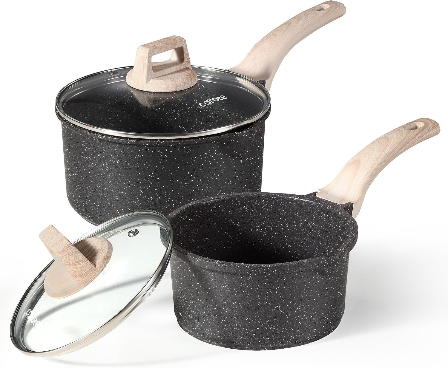 CAROTE Nonstick 1.5Qt & 3.0Qt Sauce Pan Sets with Lid, Black | Kitchen Non Toxic Cookware with Stay-cool Handle, All Stovetops Compatible, Dishwasher Safe, PFOA Free