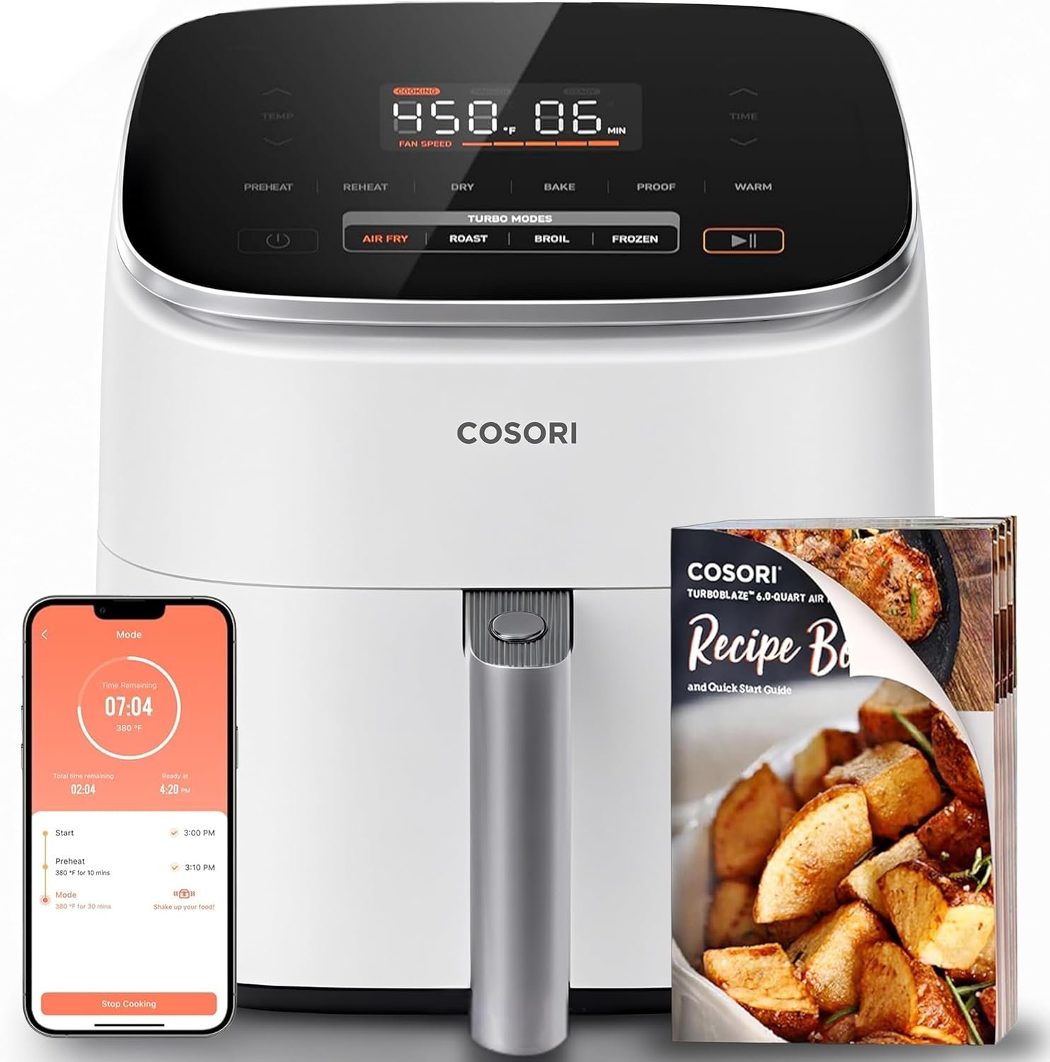 Cosori TurboBlaze Smart Air Fryer 6 Qt, Shake Reminders, 9-in-1, Cream | 90°–450°F, 5 Fan Speeds, 9 in 1 Air Fry, Roast, Bake, Broil, Dry, Frozen, Proof, Reheat, Keep Warm, Remote Control, nonstick