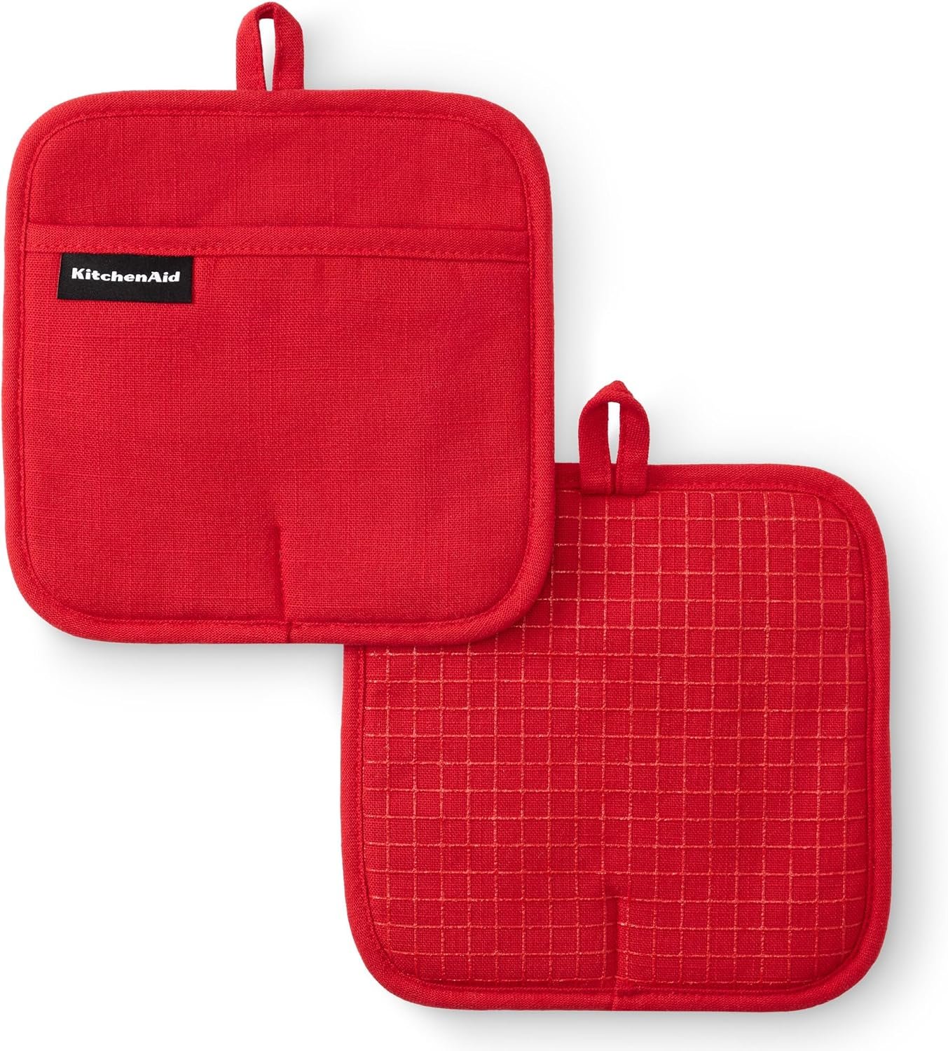 KITCHENAID Gourmet Series Gridlines Pot Holders 2-Pack Set, Heat Resistant up to 600°F, Soft Silicone Grip, Magnetic Cuff, Passion Red, 8″x8″