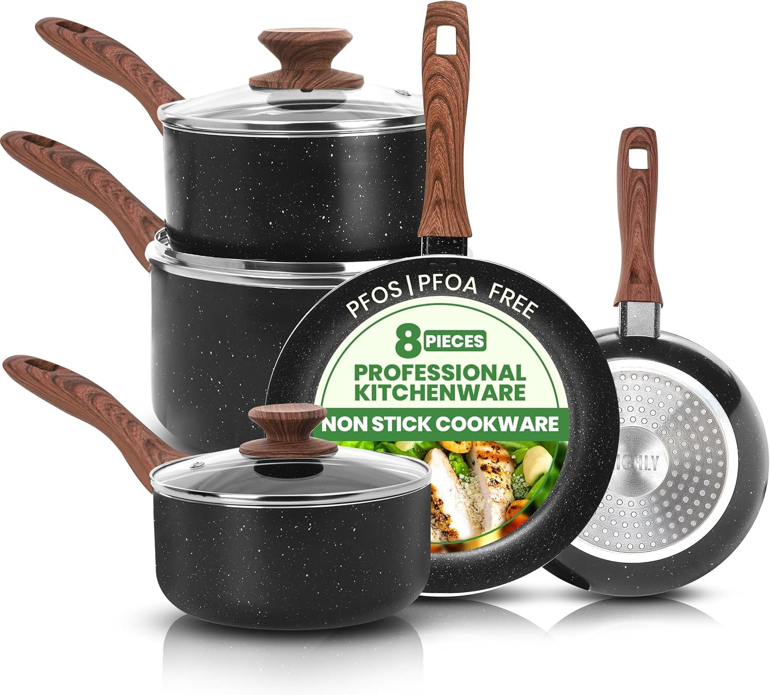 KICHLY Granite Pots and Pans Cookware Set 8 Piece PFOA-Free | 1 Qt 2 Qt 3 Qt Sauce pan with Lids, 11 inch 8 inch Frying Pan, Induction Compatible, Non-Stick Coating, Durable Cookware