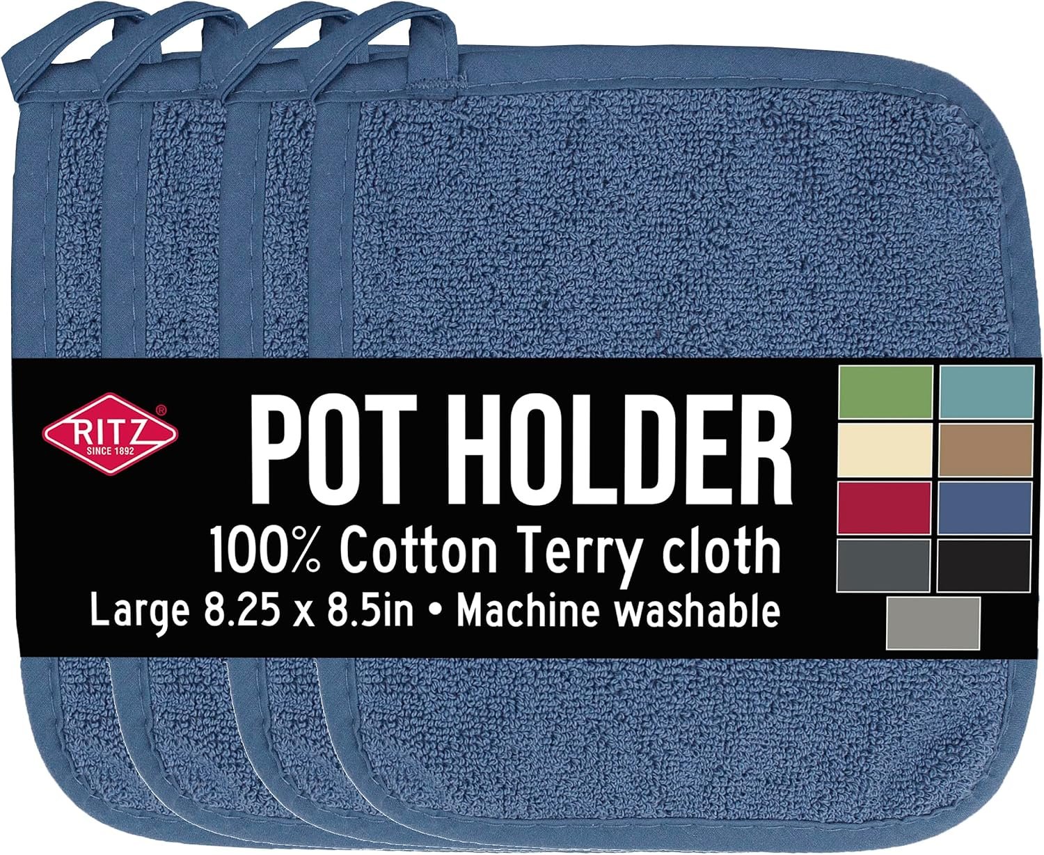 RITZ Terry Potholder & Hot Pad: Unparalleled Heat Resistant, Durable 100% Cotton – Ergonomically Designed for Optimal Grip – Easy-Care Machine Washable – 4-Pack, Federal Blue
