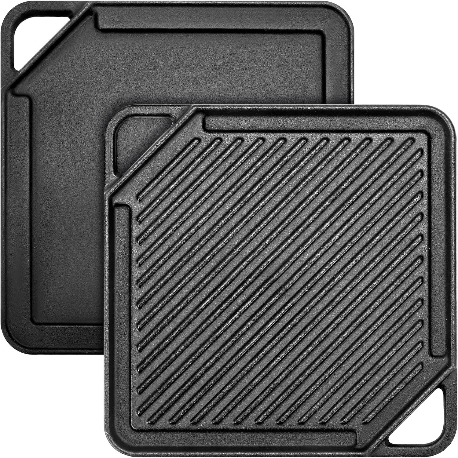 GGC Cast Iron Reversible Griddle | Double-sided Griddle Pan for Stove Tops and Gas Grills, 10″x 10″ Square Baking Flat and Ribbed Griddle for Camping stoves