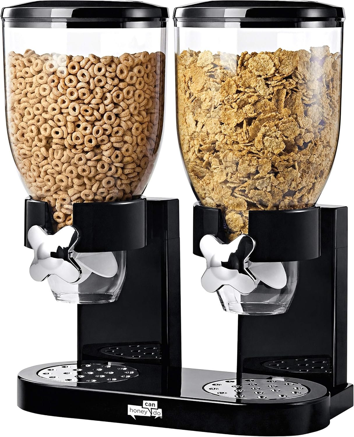 Honey-Can-Do Zevro Dual Dry Food Dispenser – Countertop Cereal Dispenser with Portion Control, 17.5 oz Per Canister, Airtight BPA-Free Snack Dispenser for Kitchen Organization, Black/Chrome