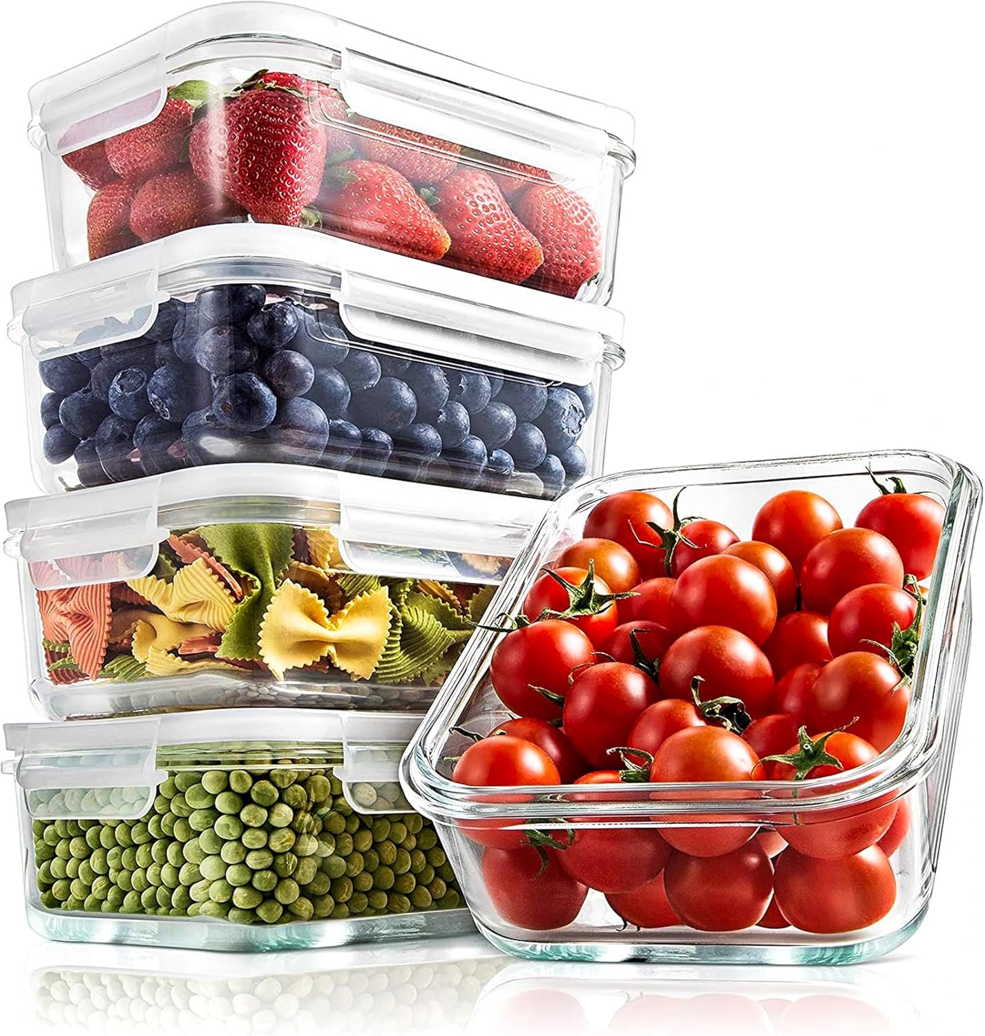 NutriChef 5-Piece 30 oz Reusable Glass Meal Prep Containers – Stackable Kitchen Storage Containers for Food, 4-Side Locking Plastic Lids w/Vent Hole – Easy to Clean, Dishwasher Safe (Flat)
