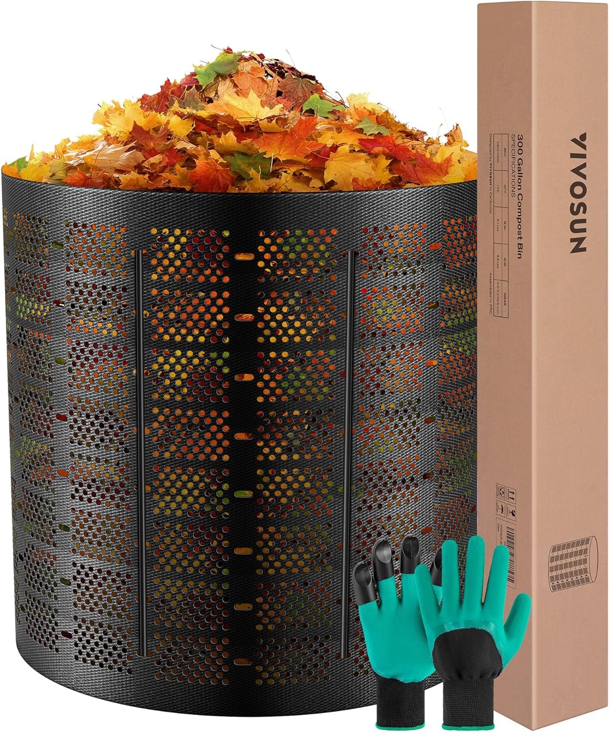 VIVOSUN 300 Gallon Outdoor Compost Bin, Expandable Composter, Easy to Setup & Large Capacity for Backyard, Lawn (Black with Gloves) | Easy to Setup & Large Capacity for Backyard, Lawn (Black with Gloves)
