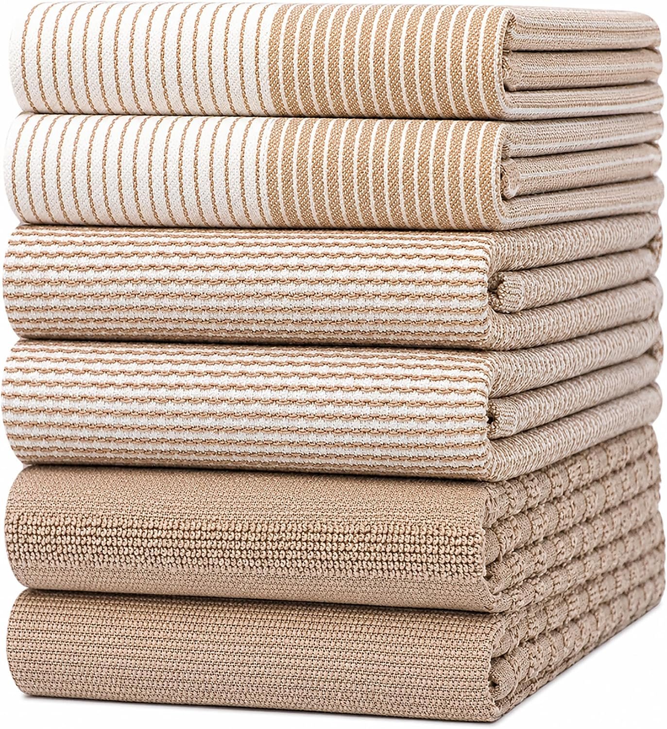 Premium Kitchen Towels 6 Pack 100% Cotton, 20″x28″ Dish Towels – Tan | Large Flat & Terry Kitchen Linen Set with Hanging Loops, Highly Absorbent for Washing and Drying Dishes
