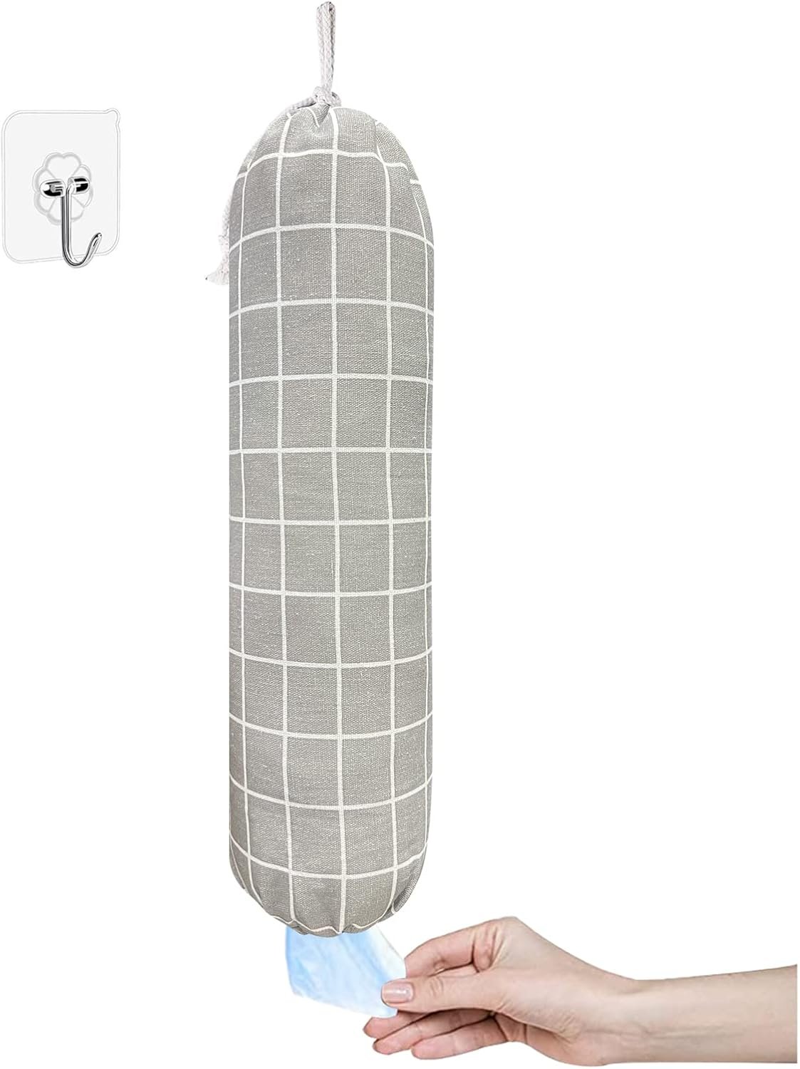 SYIPO Plastic Bag Holder, Wall Mount Organizer, Shopping Bags Carrier, Washable Large Grocery Storage Dispenser ​for Home Kitchen Travelling, Free Adjustment with Drawstring (Check Gray)
