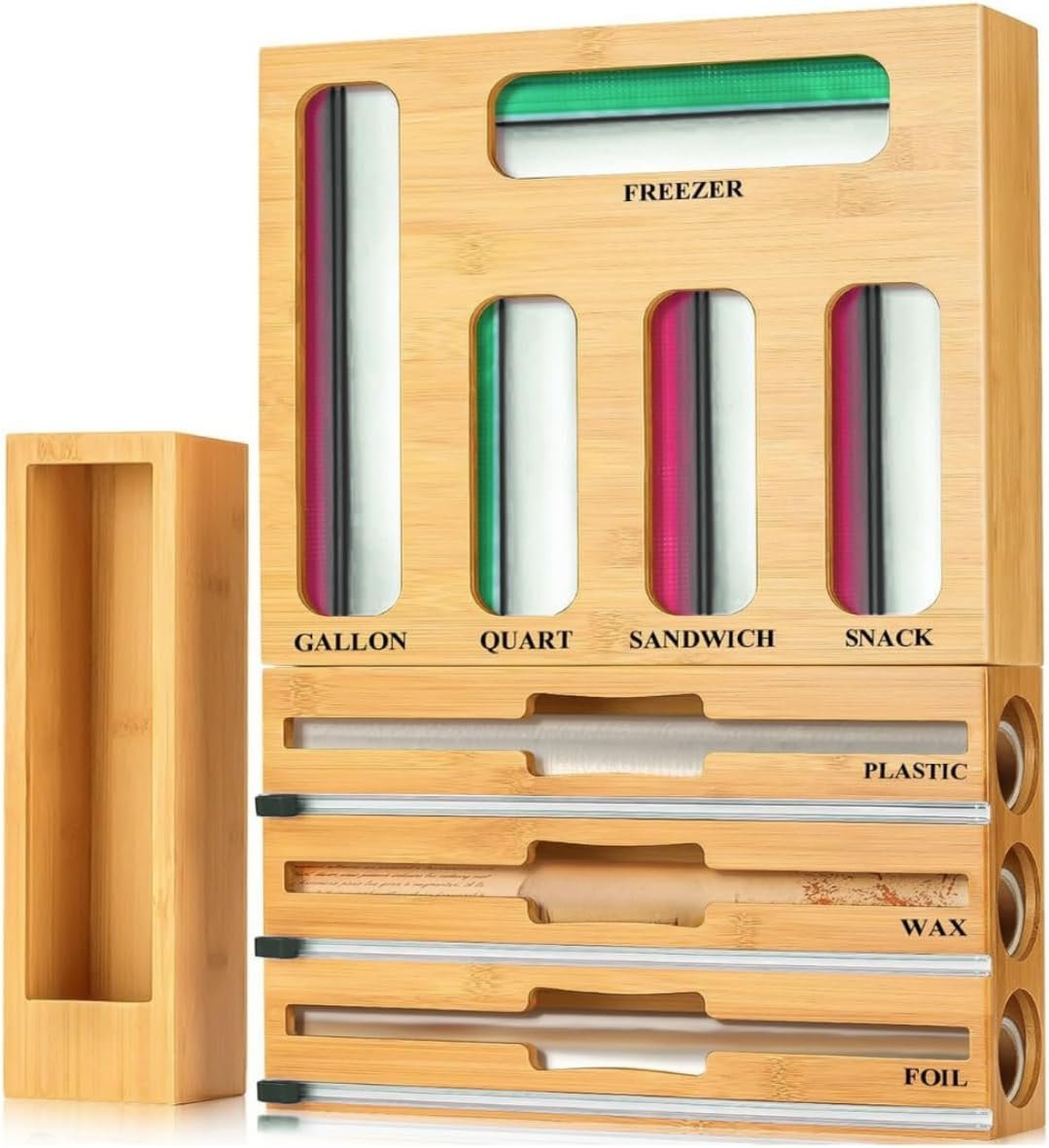 9 in 1 Storage Bag Organizer for Kitchen Drawer, Bamboo Foil and Plastic Wrap Dispenser with Cutter, Food Storage Bag Organizer for Quart, Gallon, Sandwich & Snack Bags, Aluminum Foil Organizer