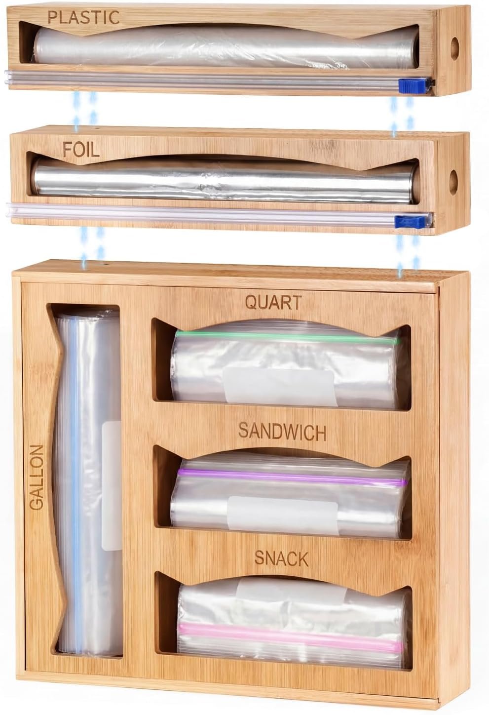6-in-1 Bamboo Kitchen Drawer Organizer for Storage Bag, Foil & Plastic Wrap