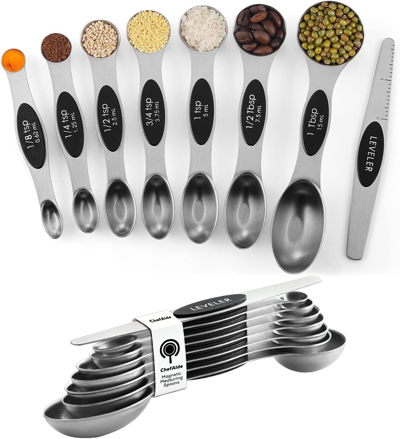 ChefAide Set of 8 Magnetic Measuring Spoons, Stainless Steel, Dual Sided