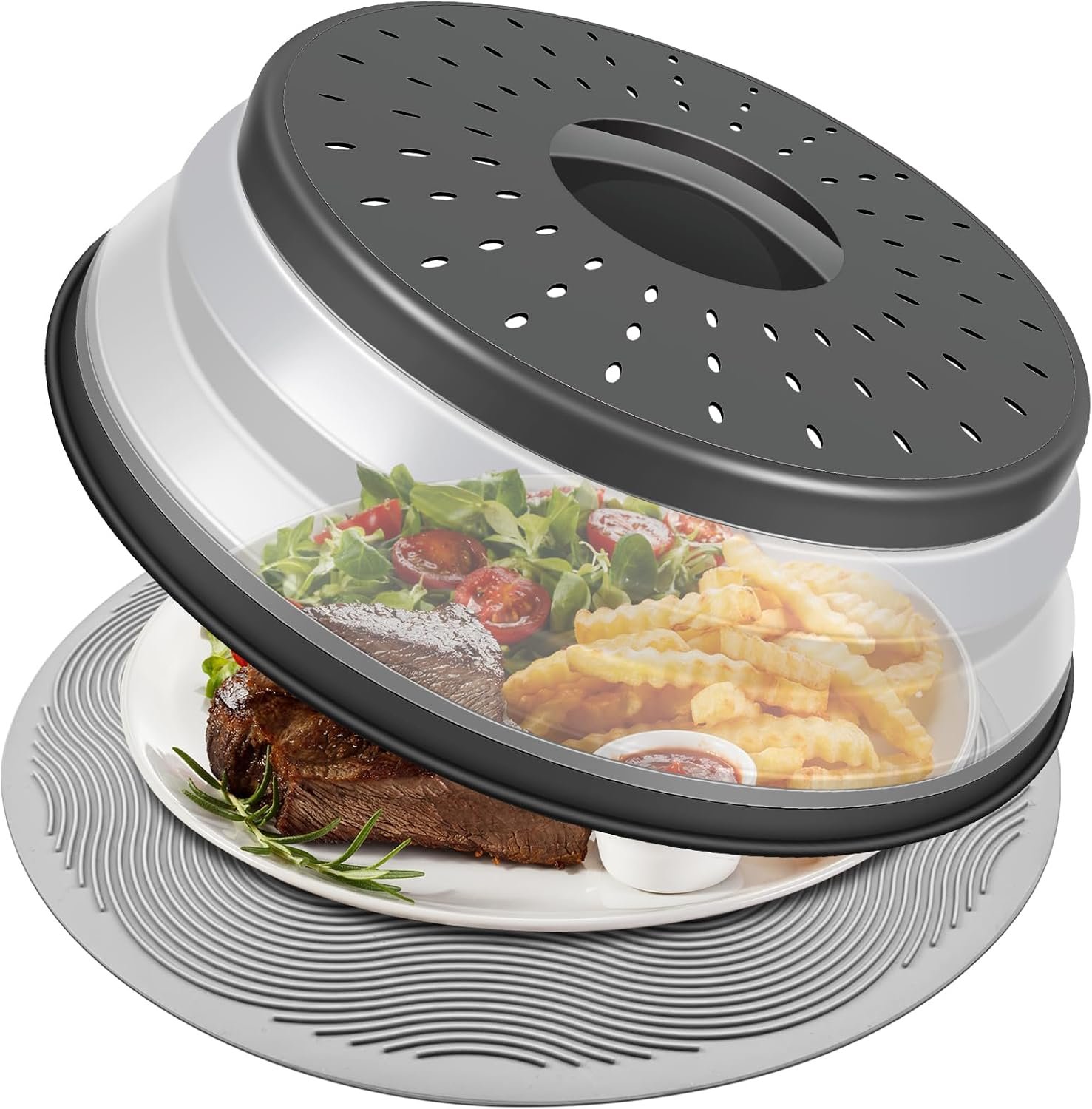 LekDrok 10 Inch Microwave Food Cover & Collapsible Silicone Mat – Splatter Guard, Plate Holder & Kitchen Colander for Meal Prep, Charcoal