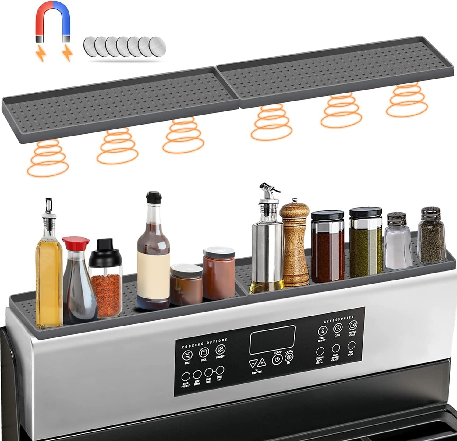 30″ Magnetic Stove Top Shelf Spice Rack Storage, Silicone Top Heat Material Stove Rack Shelf Flexible Seasoning Organizer Kitchen Shelves Gadgets with 2 Functional Prtitions for Kitchen