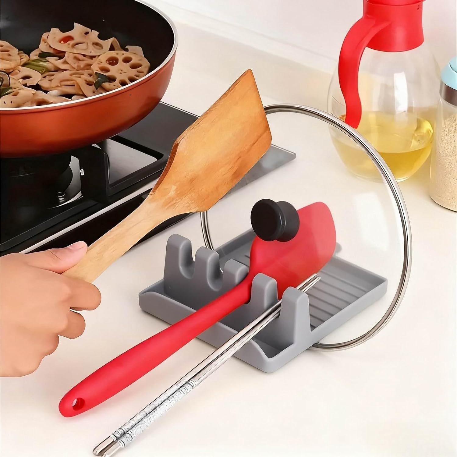 Multifunctional Spatula Rack, Spoon & Pot Cover Holder, Kitchen Storage Organizer for Utensils – GREY